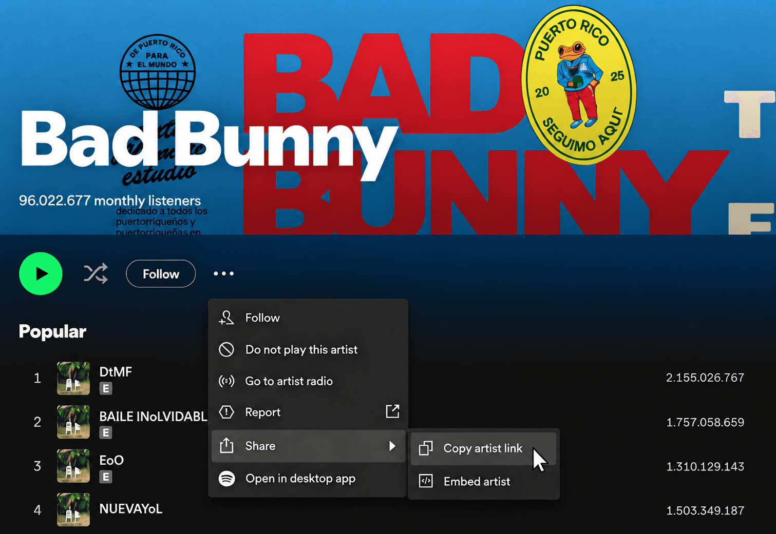 Bad Bunny artist catalog on Spotify